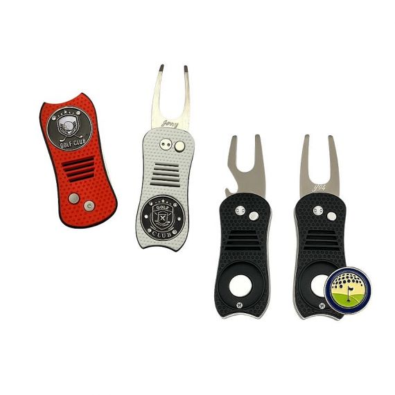 custom club and league logos switchblade-style golf divot tools with magnetic ball markers